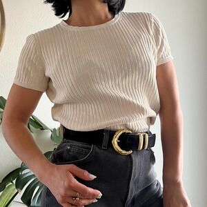 vintage y2k silk rib knit‎ cream neutral sweater blouse minimalist classic Small